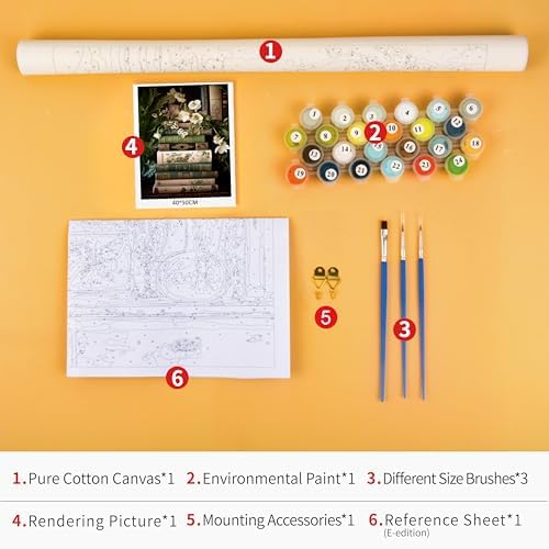 TUMOVO Paint by Numbers for Adults Vintage Still Life Painting Kit with Flowers and Books DIY Canvas Painting for Adults Beginners with Acrylic Paints and Brushes for Home Decor 16x20 Inch - Image 4