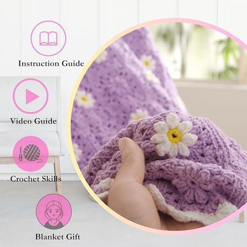 CSWCS Crochet Blanket Kit for Beginner, Purple Daisy Granny Square Throw Kit for Adults, Easy Learn How to Knitting with Yarn & Hook, Complete Starter Set with Step-by-Step Instructions (47'' x 39'') - Image 3