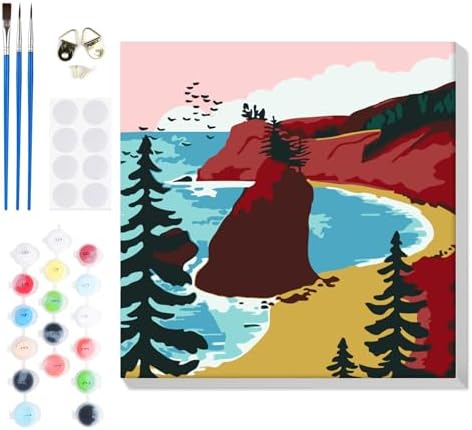 Bowetile Framed Paint by Numbers Landscape Kit for Adults, Adults' Paint-by-Number Kits on Canvas, Painting by Numbers, DIY Acrylic Number Painting for Home Wall Decor, 8x8in by BOWETILE