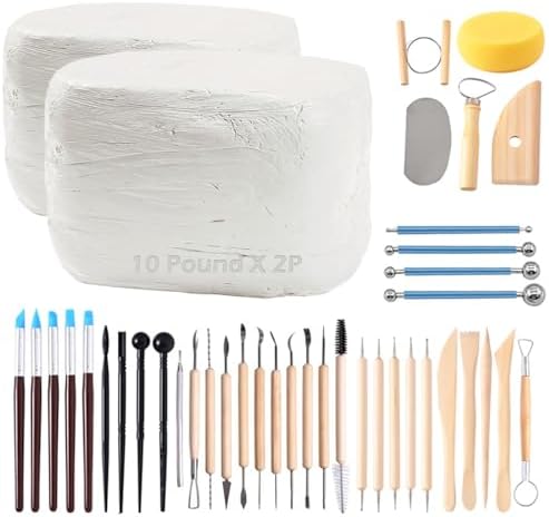 ReArt Natural Air-Dry Clay, Baking Clay, Low Fire Pottery Clay20LBs with 40 Pcs Pottery Tools by ReArt