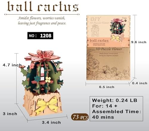3D Flower Wooden Puzzles for Adults DIY Wooden Flowers Model Kit Building Set Crafts for Adults to Build, Botanical Collection/Ideal Creative Gift Ideas/Housewarming (Ball Cactus) - Image 2