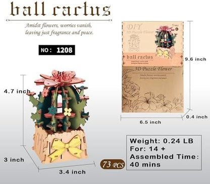 3D Flower Wooden Puzzles for Adults DIY Wooden Flowers Model Kit Building Set Crafts for Adults to Build, Botanical Collection/Ideal Creative Gift Ideas/Housewarming (Ball Cactus) - Image 2