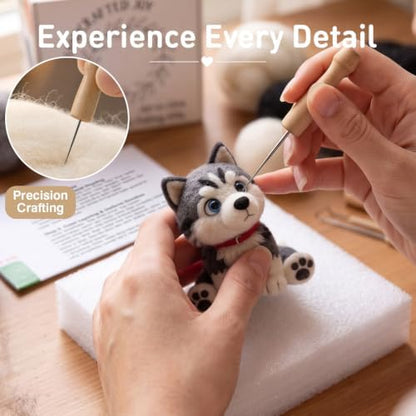 FACE N FACE DIY Needle Felting Kit Cute Siberian Husky Puppy – Needle Felting Starter Kit with Fiber Roving, Needles, Felting Pad & Instructions | Felted Dog Kit for Beginners Adults | DIY Craft Gift - Image 4