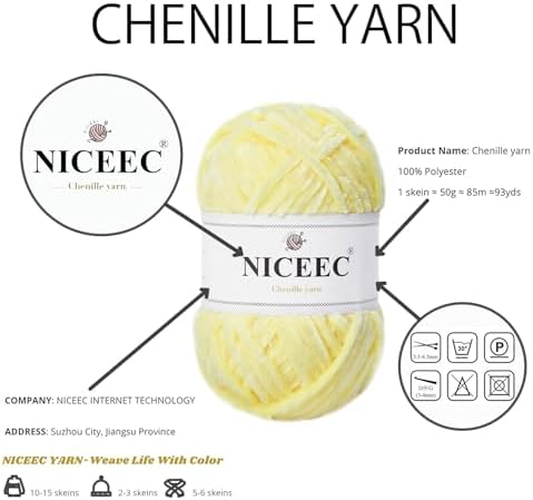 NICEEC 3 Skeins Soft Chenille Yarn 3 x85m (3X 93yds, 3X 50g)_Light Yellow - Image 5
