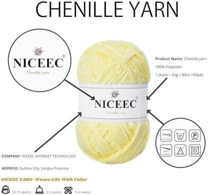 NICEEC 3 Skeins Soft Chenille Yarn 3 x85m (3X 93yds, 3X 50g)_Light Yellow - Image 5