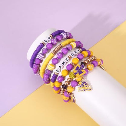 HSWE Game Day Beads for Bracelets Making Kit Heishi Clay Pearl Letter Assorted Round Bead Gold Spacer Beads Football Charms for DIY Bracelets Necklace Jewelry Making (Purple Yellow Game Day Kit) - Image 5
