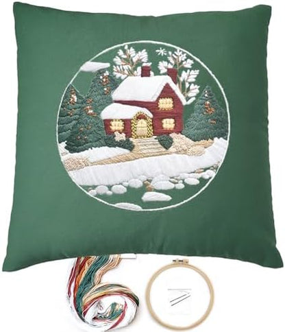 FONNUY Christmas Embroidery Kit for Beginners, Throw Pillow Case Cross Stitch Set Winter Snow House Holly Tree Pattern for Adults, Hand Works Crafts Throw Pillow Cover, 18 x 18'' (Green) by FONNUY