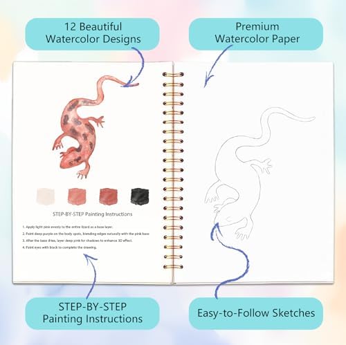 Easy Watercolor Workbook for Beginners - 12 Beautiful Step-by-Step Paintings Water Coloring Book, Includes 16 Colors Paints, Relaxing Art Projects and Creative Gift for Adults & Teen (Lizards) - Image 3