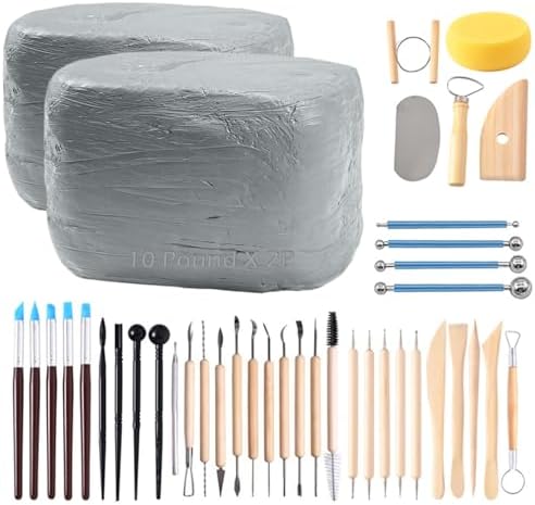 ReArt Natural Air-Dry Modeling Clay - 20LBs with 40 Pcs Pottery Sculpting Tool Set, All-Purpose Clay (Gray) by ReArt