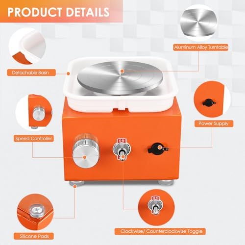 Mini Pottery Wheel Machine for Adults & Beginners, 2 Turntables (3.94" & 2.56") | 0-2000 RPM Adjustable Speed Pottery Machine Removable Splash Tray Ceramic Making Kit Includes 8 Sculpting Tools - Image 5