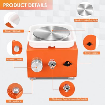 Mini Pottery Wheel Machine for Adults & Beginners, 2 Turntables (3.94" & 2.56") | 0-2000 RPM Adjustable Speed Pottery Machine Removable Splash Tray Ceramic Making Kit Includes 8 Sculpting Tools - Image 5
