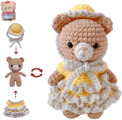 LoopMap Amigurumi Crochet Kit for Beginners with Removable Dress & Video Tutorials, DIY Bear Making Kit Includes Premium Yarn & Tools, Creative Gift for Adults Teens (Yellow) by Unknown