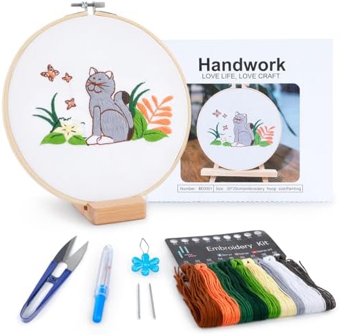 Embroidery Kit for Adult Beginners, Cat Embroidery Kit with Step-by-Step Instructions and Video, Printed Cloth, 7.87" Hoop, Display Stand, Color Threads, Threader & Needles for Craft Lover(BED001) by BERYA