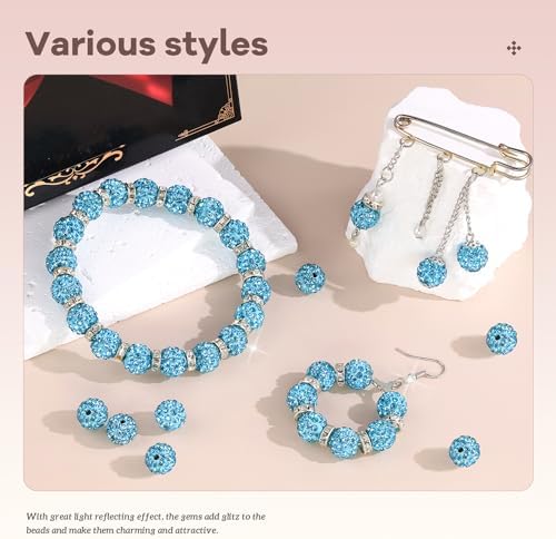105pcs 10mm Rhinestone Beads for Jewelry Making, Aquamarine Shiny Round Disco Ball Beads Bulk, Sparkle Crystal Clay Christmas for Bracelet Baseball Necklace Earring Crafting and DIY - Image 2