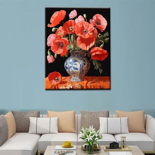 Tucocoo Red Poppys DIY Paint by Numbers for Adults Red Flowers in Vase DIY Oil Painting Kits Canvas with Acrylic Paint Floral Plant Art 16x20 Inch （DIY Frame ） - Image 4