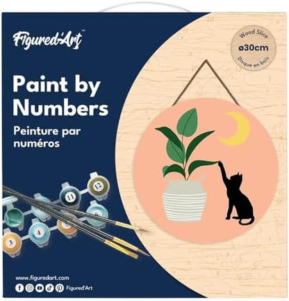 Figured'Art Paint by Numbers Kit for Adults on Wood Slice, 11.8in Diameter - Cat Plays with Plant in The Moonlight - Craft Art Painting DIY Canvas - Image 5