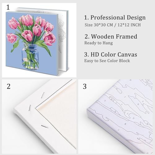 Natuyalo Paint by Numbers Kit for Adults Beginners, 12" Wx12 L Painting by Numbers Kit on Canvas Acrylic Drawing Kits Ready to Stretch and Framed, Pink Flowers - Image 4