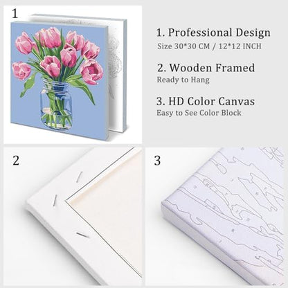 Natuyalo Paint by Numbers Kit for Adults Beginners, 12" Wx12 L Painting by Numbers Kit on Canvas Acrylic Drawing Kits Ready to Stretch and Framed, Pink Flowers - Image 4