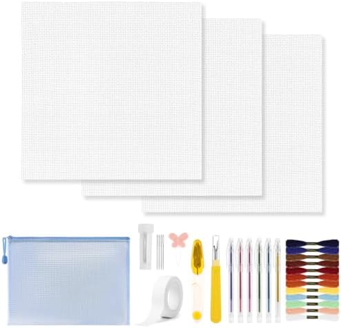 18 Mesh Needlepoint Canvas Set, 3Pcs Embroidery Cloth & 12 Colors Thread by Unknown