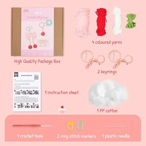 HOUSE CREATIVITY Crochet Keychain Kit for Beginners – Make 2 Cute Cake & Bow Charms, Amigurumi Crochet Starter Kit with Video Tutorial, Yarn & Keyring, DIY Bag Charm Gift - Image 4