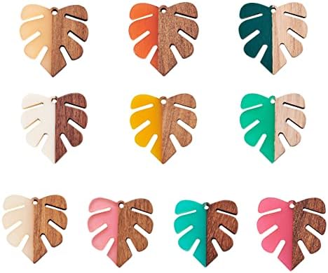 FASHEWELRY 50Pcs Resin Wooden Pendants Mixed Color Monstera Leaf Vintage Resin Wood Statement for DIY Necklace Earring Making by FASHEWELRY