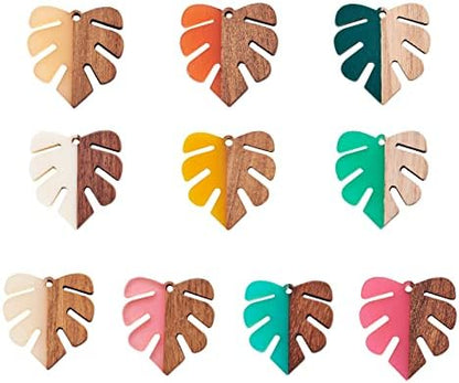 FASHEWELRY 50Pcs Resin Wooden Pendants Mixed Color Monstera Leaf Vintage Resin Wood Statement for DIY Necklace Earring Making by FASHEWELRY