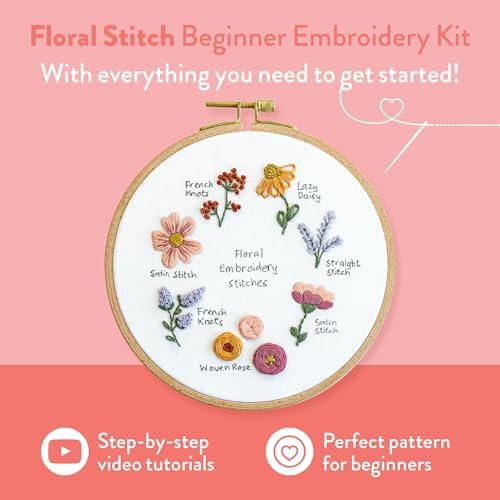 Clever Poppy Floral Stitch Sampler Beginner Embroidery Kit – Easy Embroidery Kit for Beginners with Hoop, Thread & Patterns – Hand Embroidery Kit for Adults and Teens – Complete Embroidery Starter Kit - Image 2