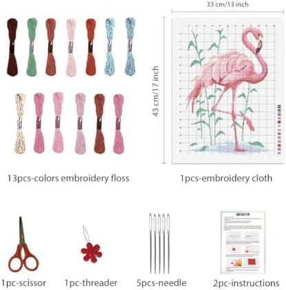 FREEBLOSS Flamingo Cross Stitch Kit Cross Stitch Starter Kit for Adults with Instructions 13 * 17'' Pure Cotton Cloth Cross Stitch for Beginnrs Cross Stitch Wall Hanging No Frame - Image 2