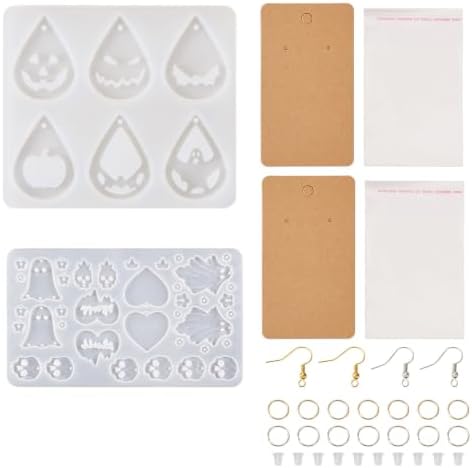 KISSITTY Halloween Horror Silicone Molds for Resin Jewelry Making Kit Ghost Cat Skull Pumpkin Teardrop Shape for Earrings with Earring Hooks Ear Nuts Paper Earring Cards by KISSITTY