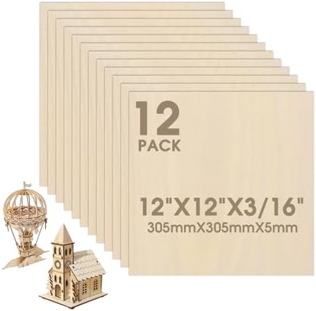 12 Pack Basswood Sheets 12"×12"×3/16" Unfinished Plywood Sheet by Unknown