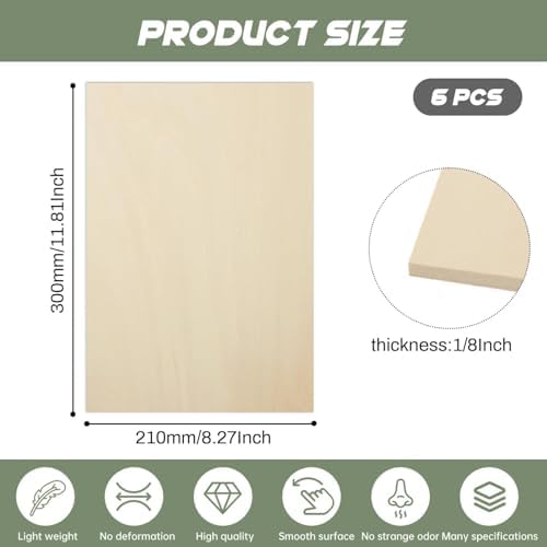 6 Pack Plywood Sheets, 8" x 11.8"x 1/8" Basswood Sheets - Image 2