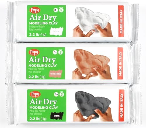 Pepy Premium European Air Dry Modeling Clay Multicolor 3 Pack 2.2 lb Bars, 6.6 lbs Total, Includes White, Terracotta & Black Clay for Classroom, Montessori Sculpting & Crafts Projects by Pepy