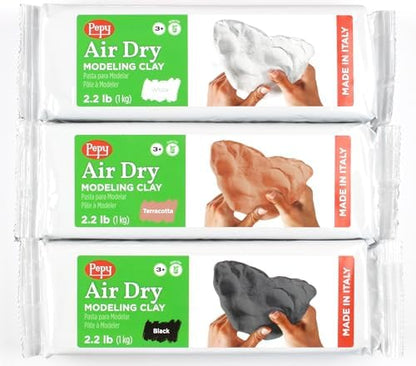 Pepy Premium European Air Dry Modeling Clay Multicolor 3 Pack 2.2 lb Bars, 6.6 lbs Total, Includes White, Terracotta & Black Clay for Classroom, Montessori Sculpting & Crafts Projects by Pepy