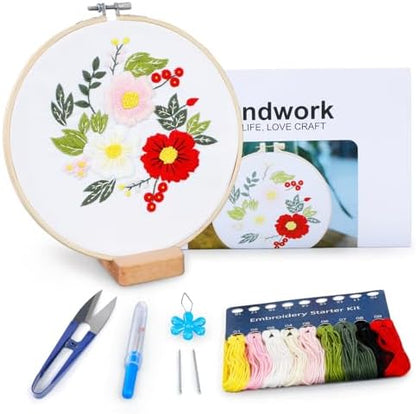 BERYA Embroidery Kit for Beginners, Flowers and Leaves Embroidery Practice Kit, Hand Floral Embroidery Starter Kit for Adults with Video Step by Step Instructions, Hoops, Threads and Needles (BEF011) by BERYA