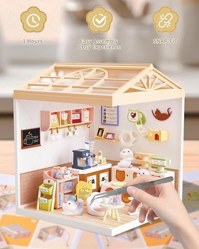 Kisoy DIY Miniature House Kit, Tiny House Building Kit with Furniture and LED Light for Teens and Beginners, DIY Mini House Craft Kit, Christmas Decorations/Gifts for Family and Friends (Cat Cafe) - Image 4