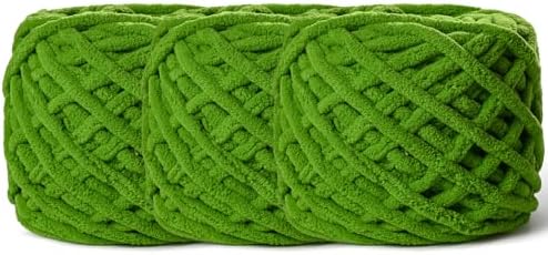 3 Pack Plush Chenille Chunky Yarn 100g (49.2yd) - Fluffy Velvet Crochet for Blanket Knitting Amigurumi - Baby Yarn for Crocheting Soft (3 Lime Green) by OMoiut