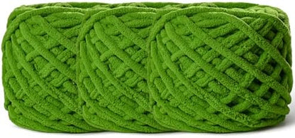 3 Pack Plush Chenille Chunky Yarn 100g (49.2yd) - Fluffy Velvet Crochet for Blanket Knitting Amigurumi - Baby Yarn for Crocheting Soft (3 Lime Green) by OMoiut
