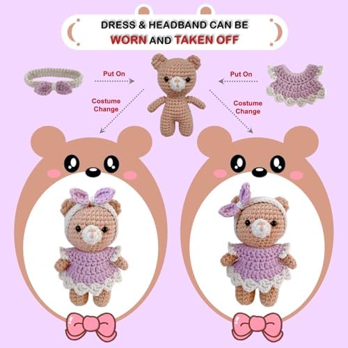 LoopMap Amigurumi Crochet Kit for Beginners with Removable Dress & Video Tutorials, DIY Bear Making Kit Includes Premium Yarn & Tools, Creative Gift for Adults Teens (Purple) - Image 3