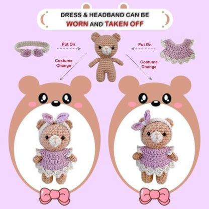 LoopMap Amigurumi Crochet Kit for Beginners with Removable Dress & Video Tutorials, DIY Bear Making Kit Includes Premium Yarn & Tools, Creative Gift for Adults Teens (Purple) - Image 3