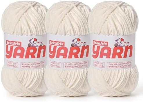 3 Pack Plush Chunky Chenille Yarn for Crocheting, Soft Fluffy Velvet Yarn for Crocheting, Fuzzy Baby Blanket Knitting Yarn, 300g/393yds Bulky Amigurumi Yarns（3 White） by Sekafris