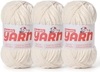 3 Pack Plush Chunky Chenille Yarn for Crocheting, Soft Fluffy Velvet Yarn for Crocheting, Fuzzy Baby Blanket Knitting Yarn, 300g/393yds Bulky Amigurumi Yarns（3 White） by Sekafris
