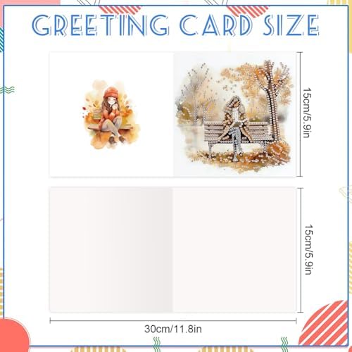jinglinhh 6pcs Diamond Art Painting Autumn Park Bench Girl Greeting Cards with Envelopes, DIY Card Making Kits for Adults, Diamond Art Postcards Christmas Cards Craft Gifts - Image 2
