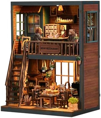 Book Nook Kit for Adults, DIY Miniature House Kits, Bear Restaurant 3D Wooden Dollhouse with Sensor LED Light, DIY Building House Bookend Model Craft, Home Bookshelf Decor Birthday Gift by Hallisun