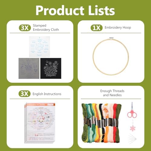 Santune 3 Pack Beginner Embroidery Kits for Adults DIY Starter Kit with 33 Stitch Techniques, Stamped Patterns, Embroidery Hoop, Colorful Threads,Stitch Video Tutorial - Image 4