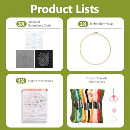Santune 3 Pack Beginner Embroidery Kits for Adults DIY Starter Kit with 33 Stitch Techniques, Stamped Patterns, Embroidery Hoop, Colorful Threads,Stitch Video Tutorial - Image 4