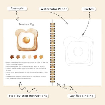 Breakfast Watercolor Workbook, Water Coloring Book, 12 Patterns, 18 Colors Watercolor Paint Set, Breakfast Buddies Watercolor Kit for Beginners, Fun Family Art Activity and Gift - Image 4