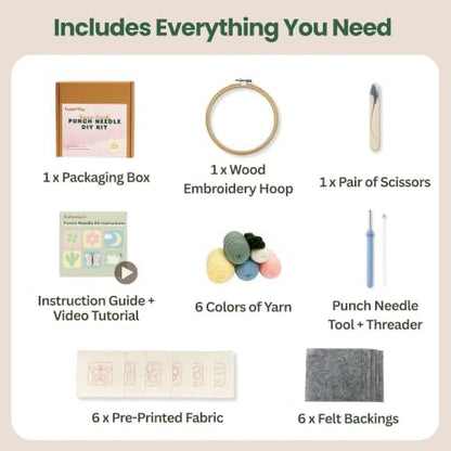 Kukovaya Punch Needle Kit for Beginners & Adults; Complete DIY Embroidery 6-Coaster Kit with Printed Fabric, Yarn, Needle, Hoop & Guide Easy Craft Kit for Home Decor, Gifts & Stress Relief - Image 2