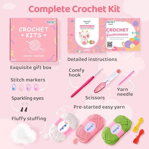 Mewaii Strawberry Cow Crochet Kit for Beginners, 40% Extra Yarn - Image 4