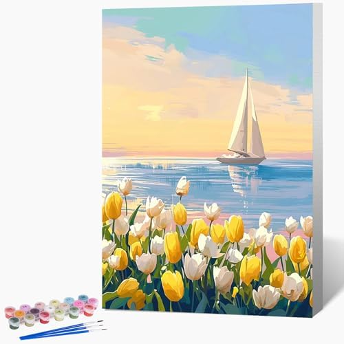 Framed Paint by Numbers Kit for Adults Beginner & Kids Age 8-12, Easy Flowers Adult Paint by Number Kits on Canvas, DIY Acrylic Watercolor Oil Paint by Number for Adults Landscape for Gift 8x12 Inch by Unknown