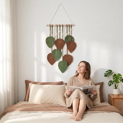 Zqyxiehuo DIY Macrame Leaf Wall Hanging Beginners Boho Wall Leaf Tapestry Kit Handmade Woven Tapestry Feather Wall Hanging DIY Macrame Kit for Adults Birthday Gift 11.8"(Green,Brown) - Image 5
